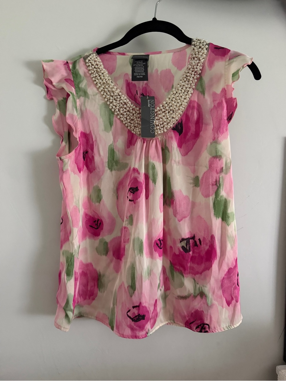 Covington Pink & Green Floral Pearl Collar Sleeveless Camisole